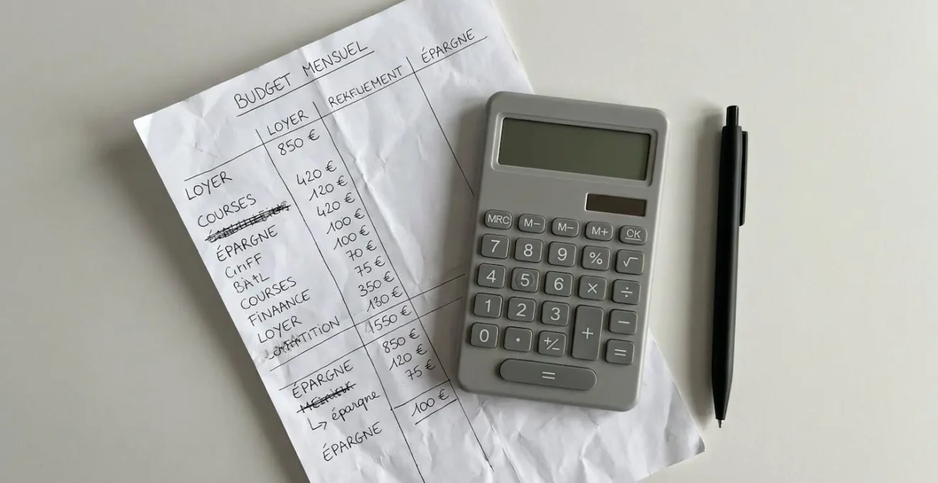 Gros plan sur une feuille de calcul budgétaire manuscrite montrant des colonnes de montants en euros, avec une calculatrice simple et un stylo posés à côté sur une surface claire
