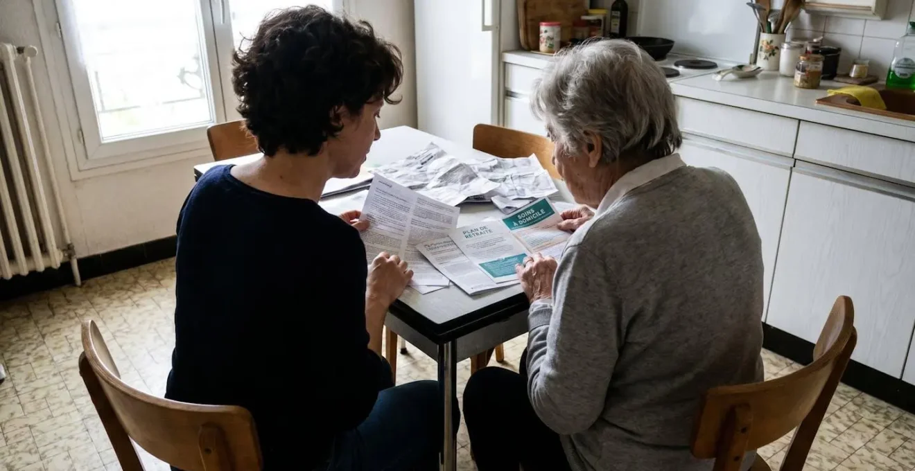 Une femme adulte et son parent âgé assis côte à côte de dos à une table de cuisine, consultant ensemble des documents et brochures étalés devant eux dans une lumière naturelle de fenêtre