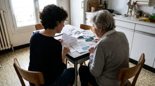 Une femme adulte et son parent âgé assis côte à côte de dos à une table de cuisine, consultant ensemble des documents et brochures étalés devant eux dans une lumière naturelle de fenêtre