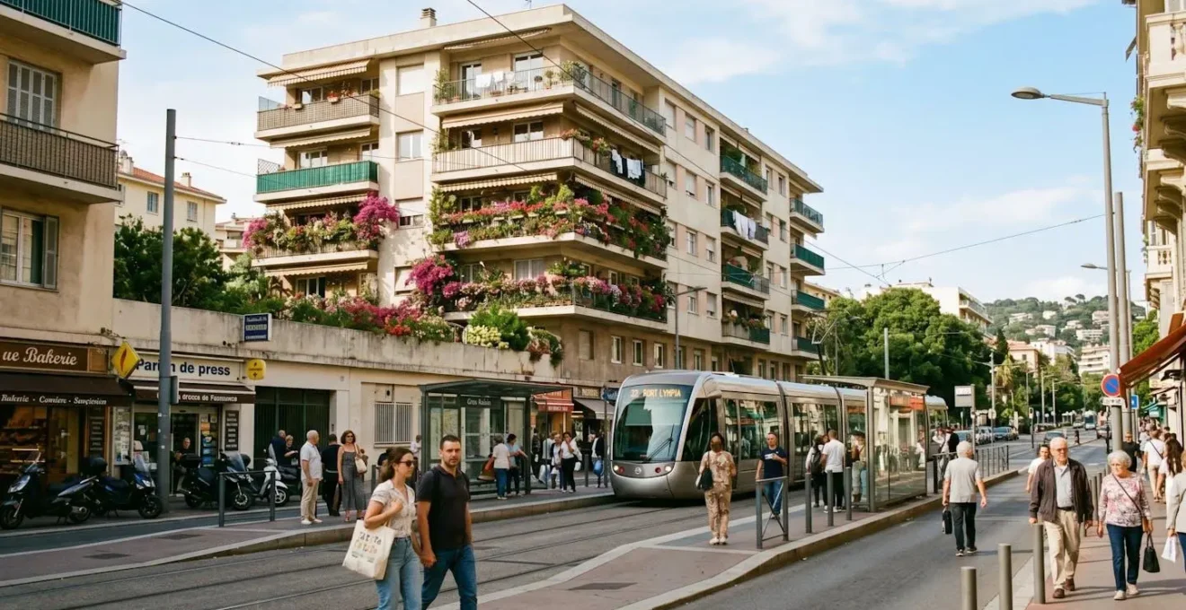 Façade d'un immeuble résidentiel niçois typique des années 1970 situé à proximité d'un arrêt de tramway, avec des balcons fleuris et une rue animée en contrebas