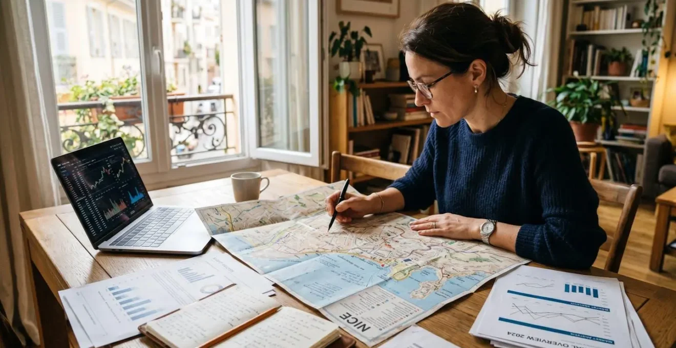 Investisseur étudiant une carte détaillée des quartiers de Nice sur une table lumineuse, entouré de documents financiers et d'un ordinateur portable affichant des données de marché