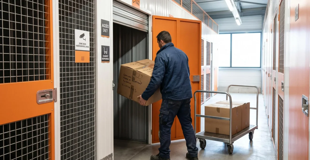 Personne de dos chargeant un carton dans un box de garde-meuble, avec chariot de déménagement à proximité