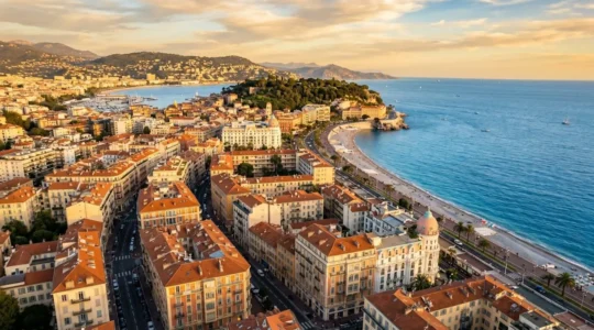 Vue aérienne de Nice montrant la diversité des quartiers résidentiels et touristiques, avec en premier plan des immeubles haussmanniens et en arrière-plan la baie des Anges