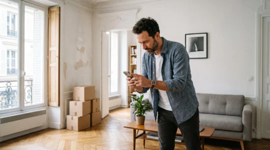 Un propriétaire photographie le salon lumineux de son appartement avec son smartphone pour préparer son annonce immobilière.