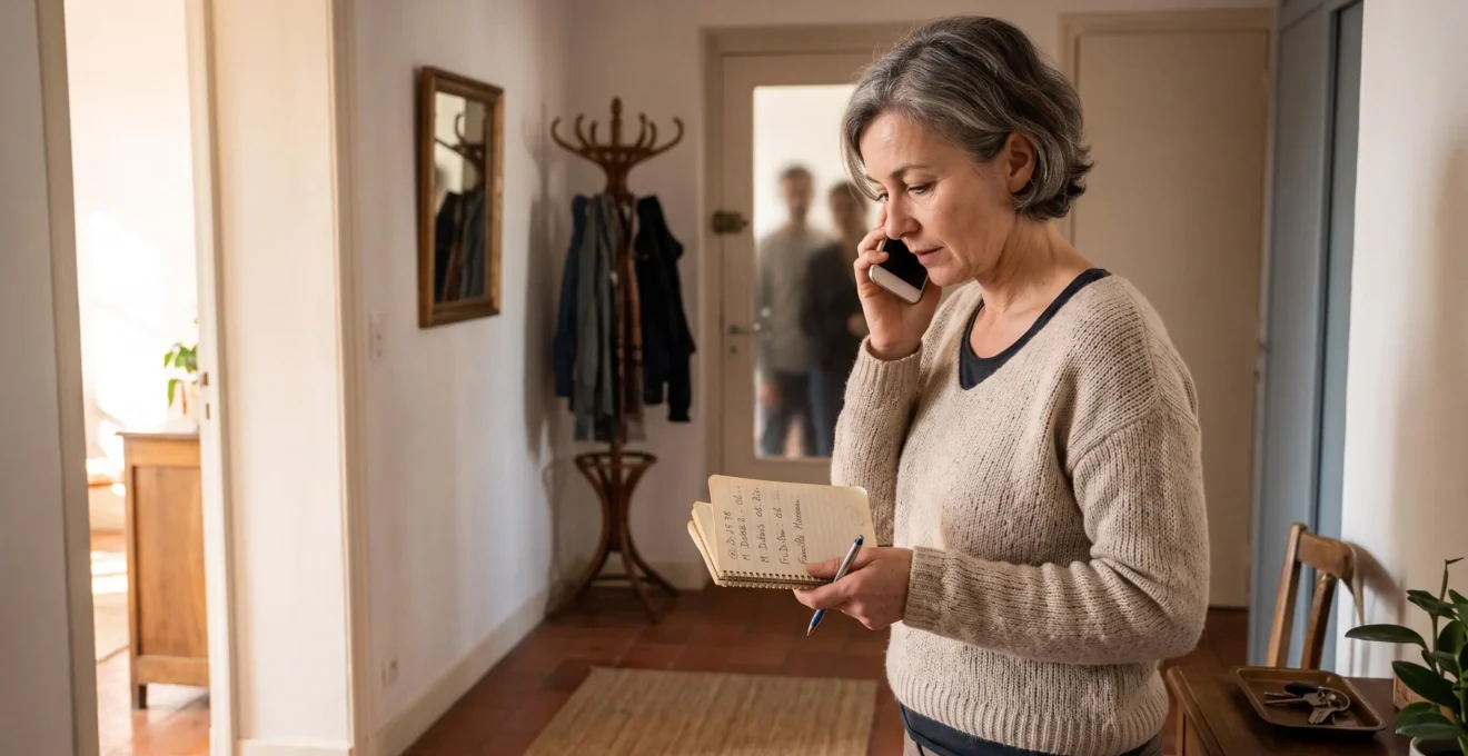 Une propriétaire répond à un appel téléphonique d'un acheteur tout en tenant un carnet de notes dans le hall de son appartement.
